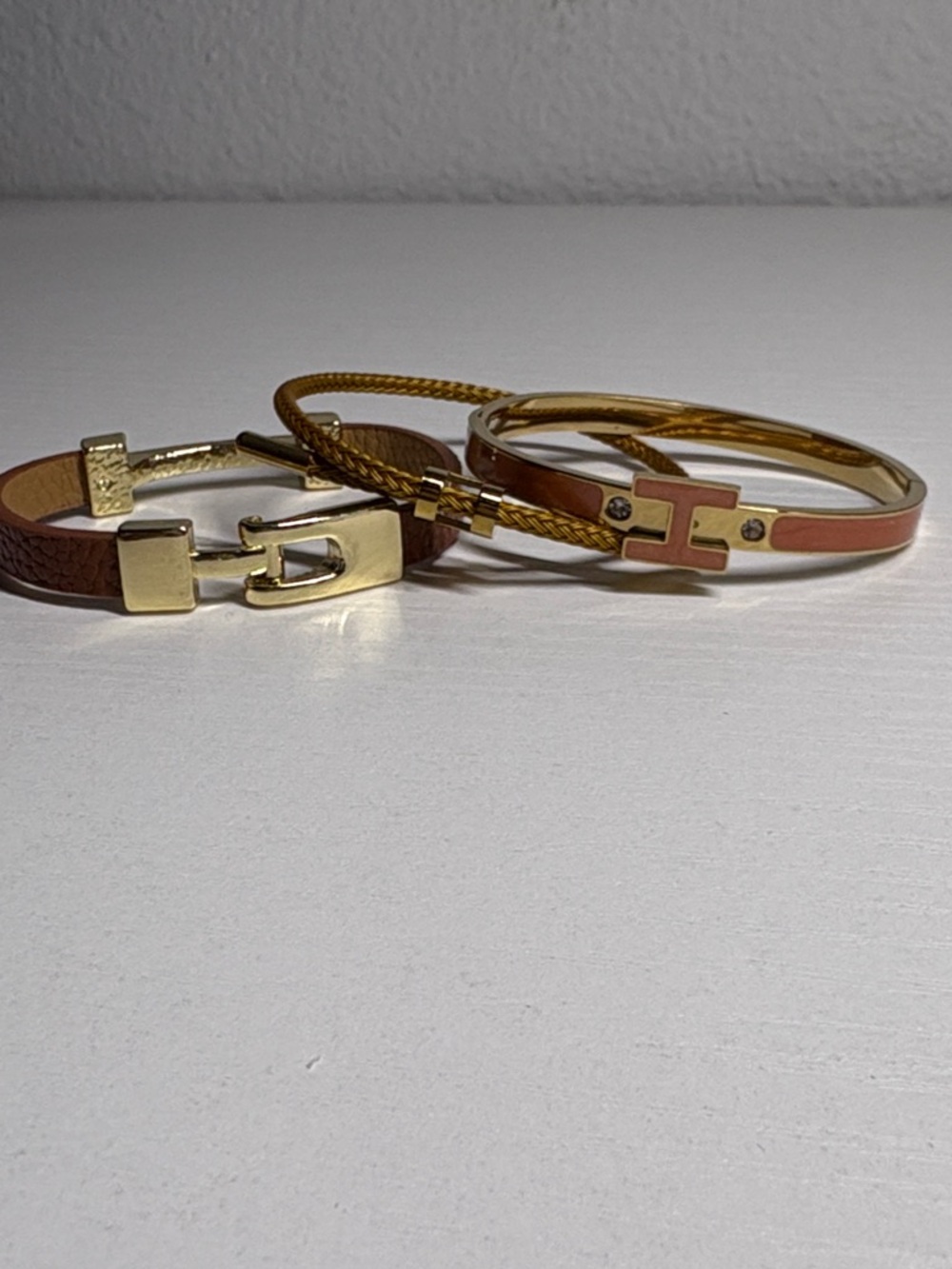 Gold-Tone and Brown Leather Bracelet Stack
